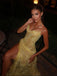 Sexy Yellow Spaghetti Strap Mermaid Side Slit Long Prom Dress Ideas, Evening Party Dresses, OLP1248