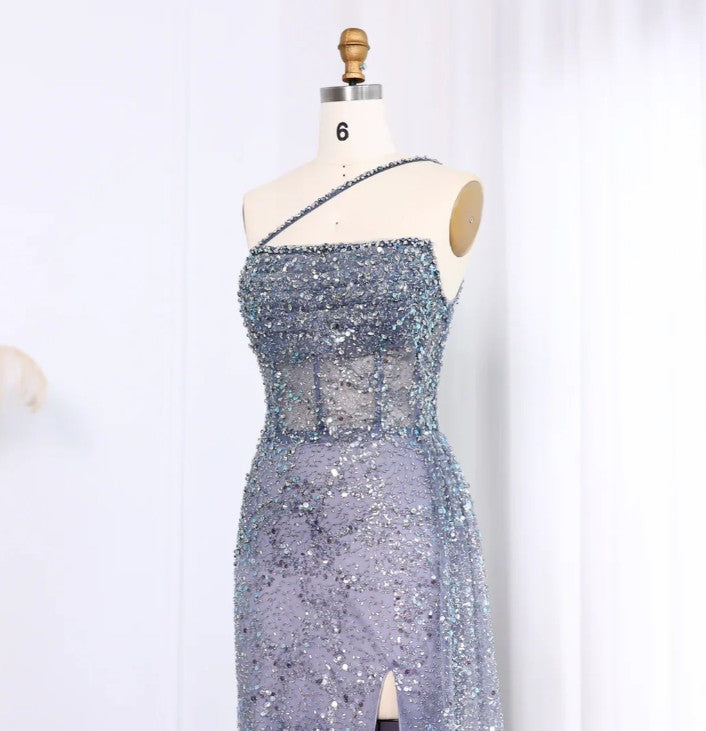 Shiny Blue One-Shoulder Mermaid Side Slit Long Prom Dress Ideas, Evening Party Dresses, OLP1264