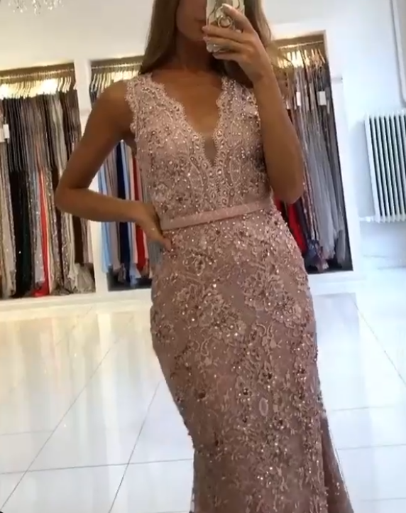 Sexy Pink V-Neck Spaghetti Strap Mermaid  Long Prom Dress Ideas, Evening Party Dresses, OLP1357