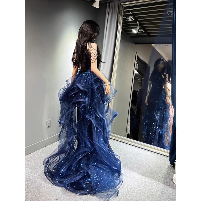 Shiny Blue Halter Mermaid Long Prom Dress Ideas, Evening Party Dresses, OLP1395