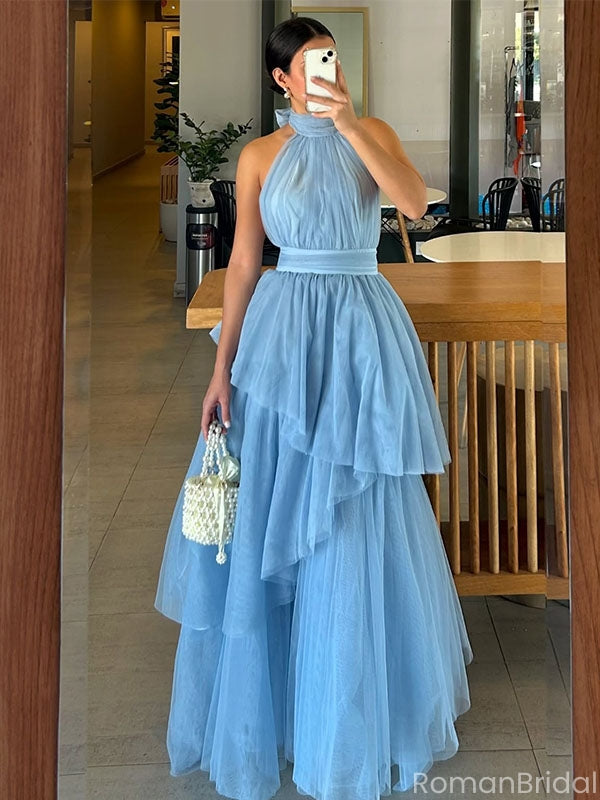 Elegant Blue High Neck Sleeveless A-Line Long Prom Dress Ideas, Evening Party Dresses ,OLP1193
