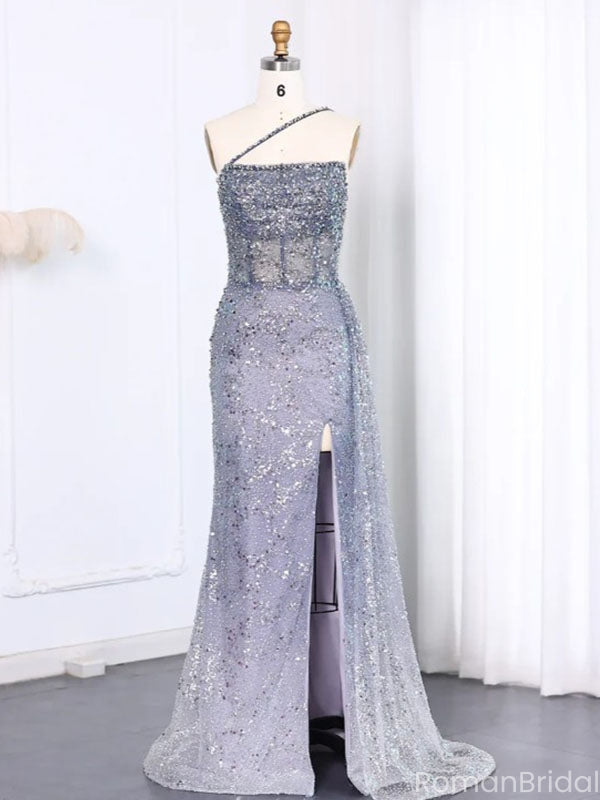 Shiny Blue One-Shoulder Mermaid Side Slit Long Prom Dress Ideas, Evening Party Dresses, OLP1264