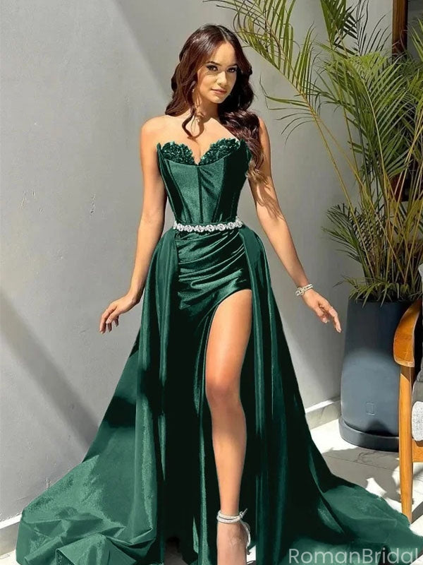 Elegant Green Sweetheart Mermaid Side Slit Long Prom Dress Ideas, Evening Party Dresses , OLP1226