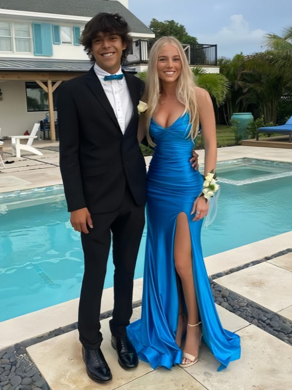 Sexy V-neck Sleeveless Mermaid Satin Evening Prom Dresses Online, OLP1139