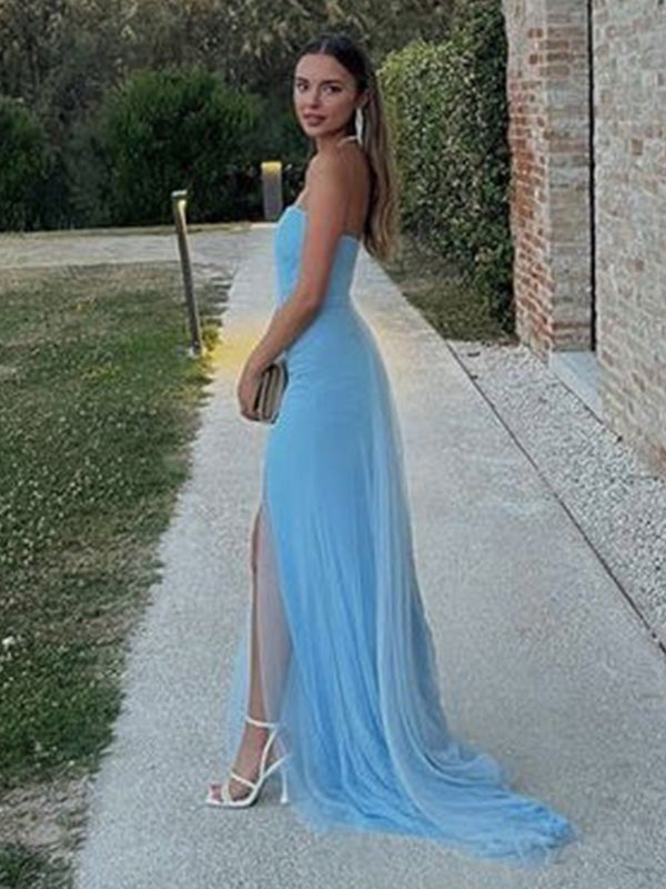 Simple Sweetheart Sleeveless Mermaid Tulle Evening Prom Dresses Online, OLP1141