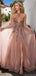 Shiny Pink V-Neck A-Line Side Slit Long Prom Dress Ideas, Evening Party Dresses, OLP1299