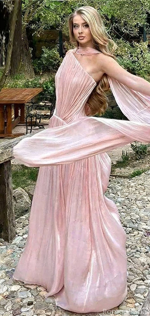 Elegant Pink One-Shoulder A-Line Long Prom Dress Ideas, Evening Party Dresses, OLP1391