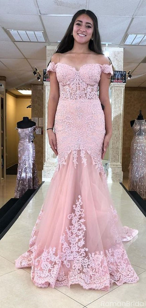 Elegant Pink Lace Applique Off-Shoulder Sleeveless Mermaid  Long Prom Dress Ideas, Evening Party Dresses, OLP1335