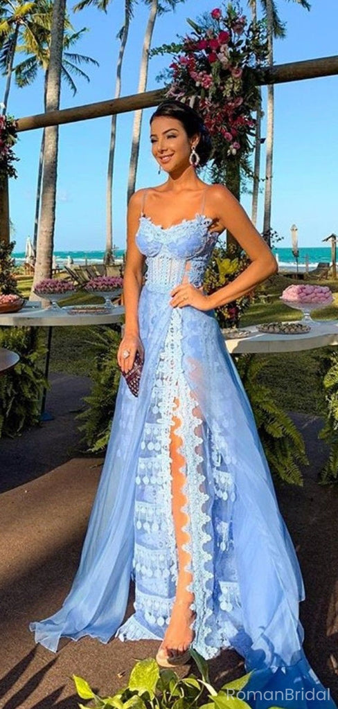 Unique Blue Spaghetti Strap A-Line Side Slit Sleeveless Long Prom Dress Ideas, Evening Party Dresses, OLP1324