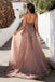 Shiny Pink V-Neck A-Line Side Slit Long Prom Dress Ideas, Evening Party Dresses, OLP1299