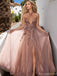 Shiny Pink V-Neck A-Line Side Slit Long Prom Dress Ideas, Evening Party Dresses, OLP1299