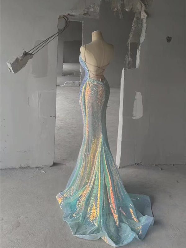Sparkly Spaghetti Straps Mermaid V-neck Long Prom Dresses Online, OL709