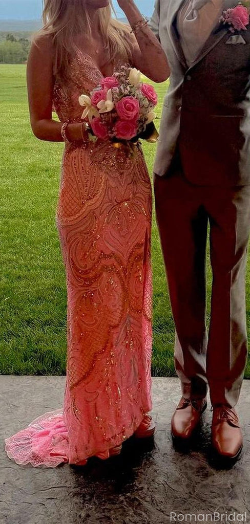 Sexy Pink Spaghetti Strap Mermaid Side Slit Sleeveless Long Prom Dress Ideas, Evening Party Dresses, OLP1325