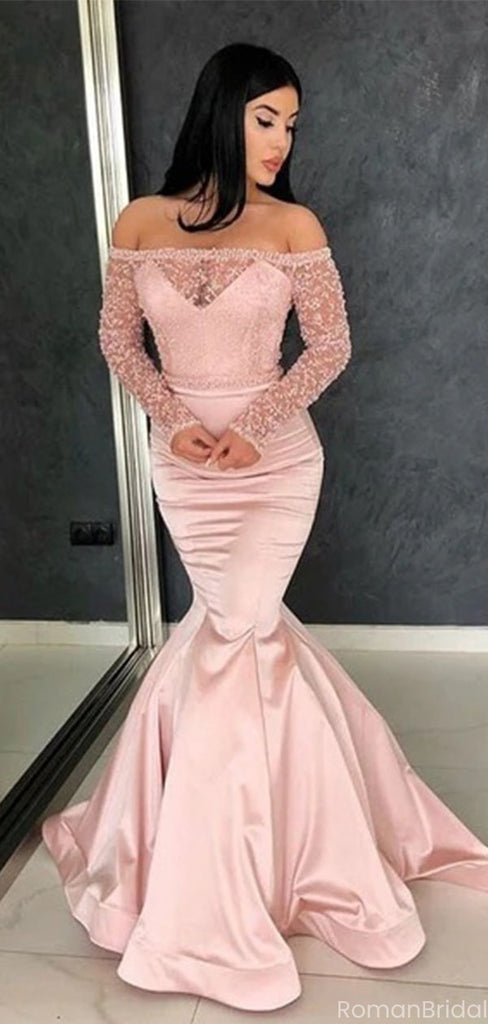 Elegant Pink Lace Long Sleeve Mermaid Long Prom Dress Ideas, Evening Party Dresses, OLP1336