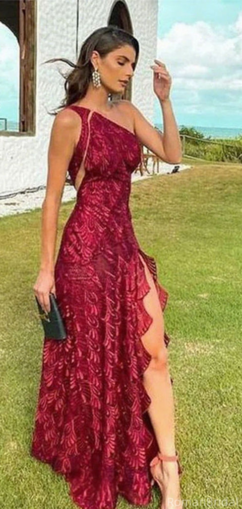 Sexy Red One-Shoulder Mermaid Side Slit Long Prom Dress Ideas, Evening Party Dresses, OLP1367