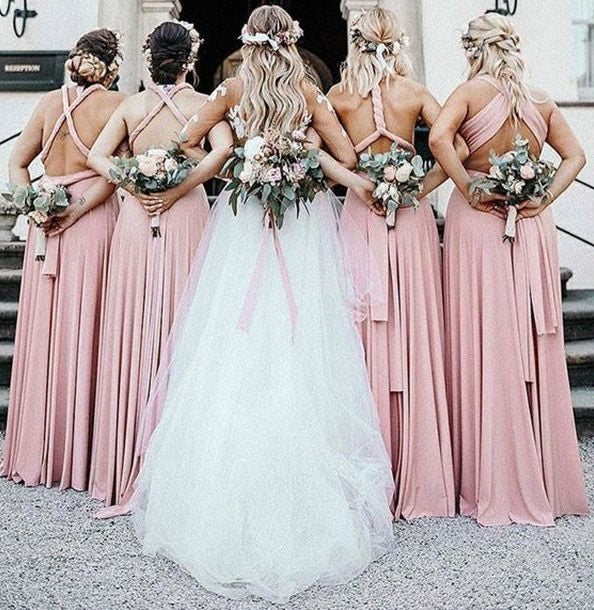 Sexy Pink V-Neck Sleeveless A-Line Long Bridesmaid Dresses Online, BG868