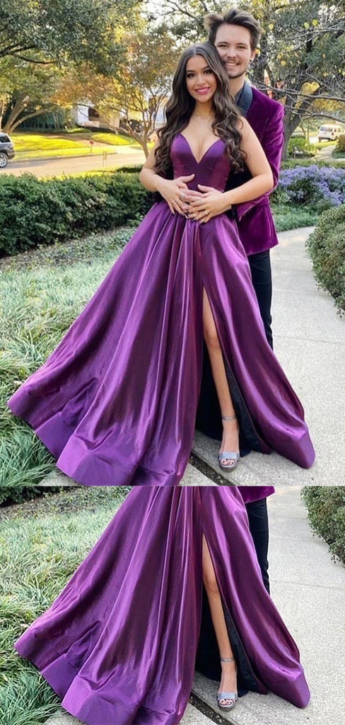 Formal V-neck Sleeveless Satin A-line Prom Dresses Purple With Slit For Party Online, OL354