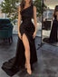 Simple One Shoulder Mermaid Black Evening Prom Dress with Side Slit, OL070