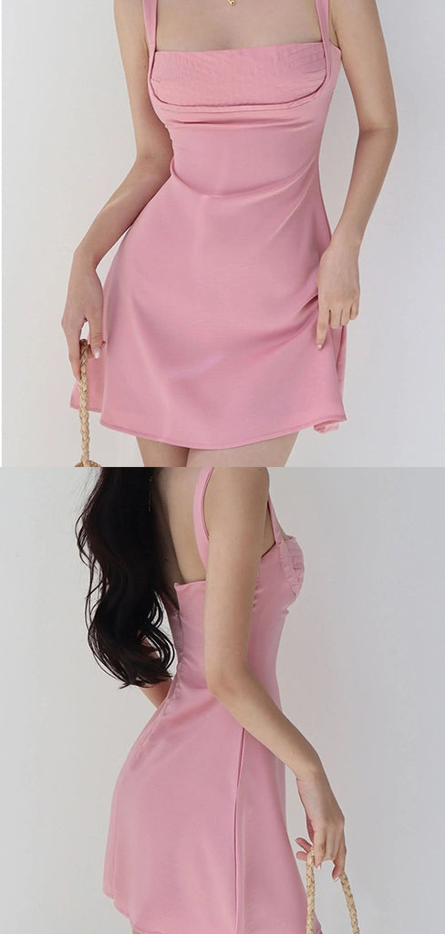 Sexy Spaghetti Strap Sleeveless Mermaid Satin Short Pink Homecoming Dresses For Party Online, HD1042