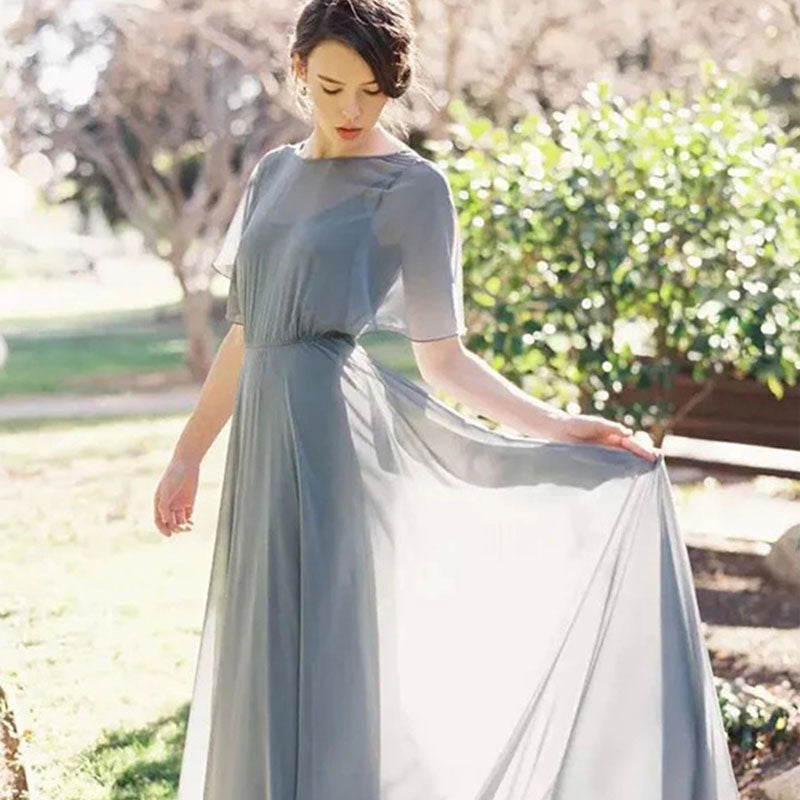 Chiffon Half Sleeves A-line Grey Long Bridesmaid Dresses Online, BG408