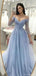 Elegant Blue V-Neck Long Sleeve A-Line Long Prom Dress Ideas, Evening Party Dresses, OLP1301