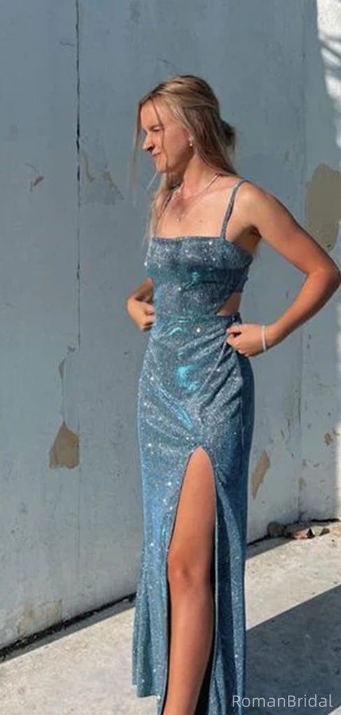 Shiny Blue Spaghetti Strap Mermaid Side Slit Long Prom Dress Ideas, Evening Party Dresses, OLP1368