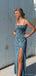 Shiny Blue Spaghetti Strap Mermaid Side Slit Long Prom Dress Ideas, Evening Party Dresses, OLP1368