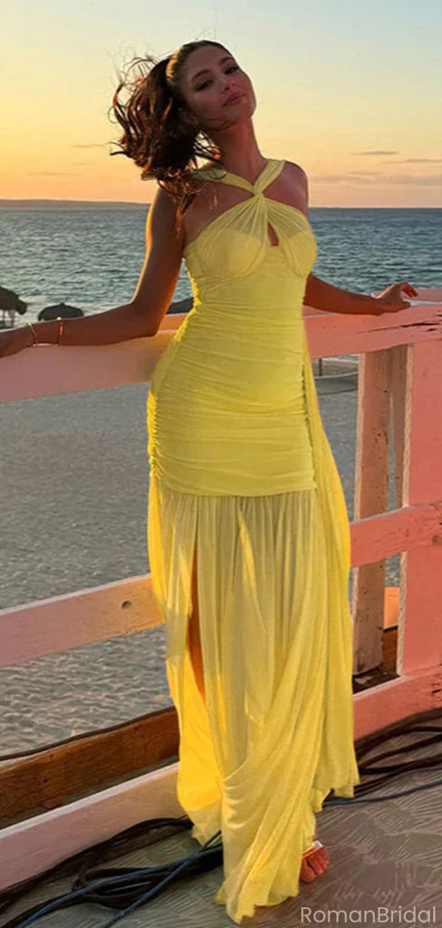 Unique Yellow Sweetheart Mermaid Side Slit Long Prom Dress Ideas, Evening Party Dresses, OLP1355