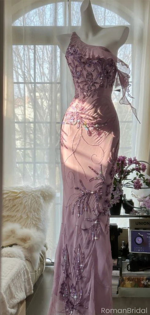 Elegant Pink One-Shoulder Mermaid Long Prom Dress Ideas, Evening Party Dresses, OLP1315