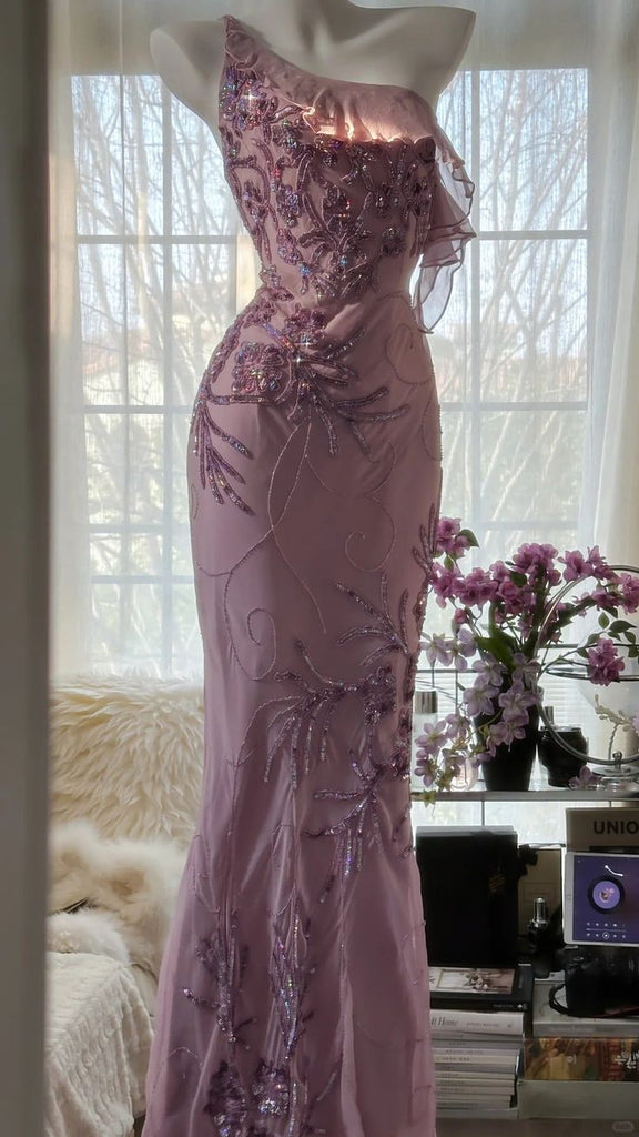 Elegant Pink One-Shoulder Mermaid Long Prom Dress Ideas, Evening Party Dresses, OLP1315