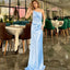 Simple Straps One Shoulder Mermaid Sky Blue Satin Long Bridesmaid Dresses Online, BG442