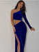 Elegant One Long Sleeve Mermaid Royal Blue Velvet Long Prom Dresses with Side Slit, OL001