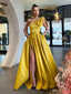 Elegant One Shoulder Bowknot Marigold Long Prom Dresses with Side Slit, OL003