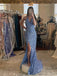 Sparkly Spaghetti Straps Off the Shoulder Green Mermaid Prom Dresses with Side Slit, OL007