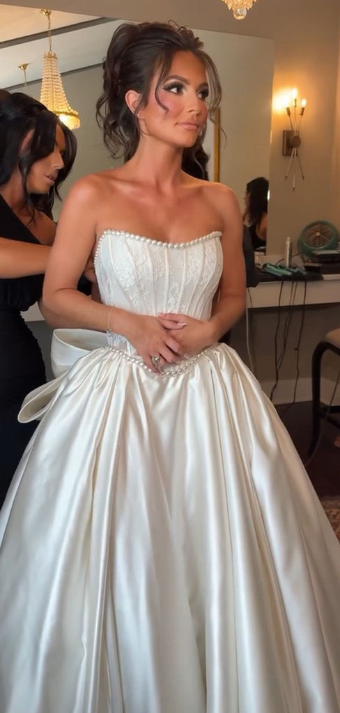 Elegant White Sweetheart Sleeveless A-Line Long Wedding Dresses With Sweep Trailing,WD0555