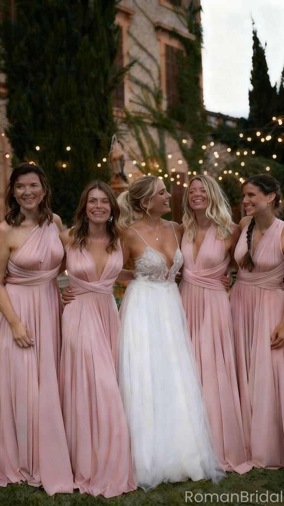 Sexy Pink V-Neck Sleeveless A-Line Long Bridesmaid Dresses Online, BG868