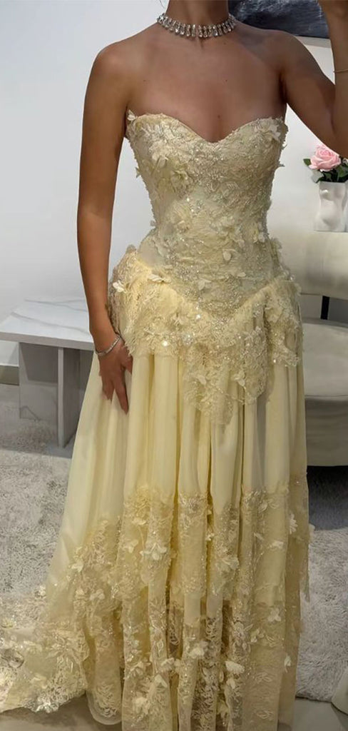 Elegant Yellow Floral Sweetheart A-Line Long Prom Dress Ideas, Evening Party Dresses , OLP1244