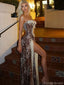 Sexy Leopard Print Lace Spaghetti Strap Mermaid Side Slit Long Prom Dress Ideas, Evening Party Dresses, OLP1356