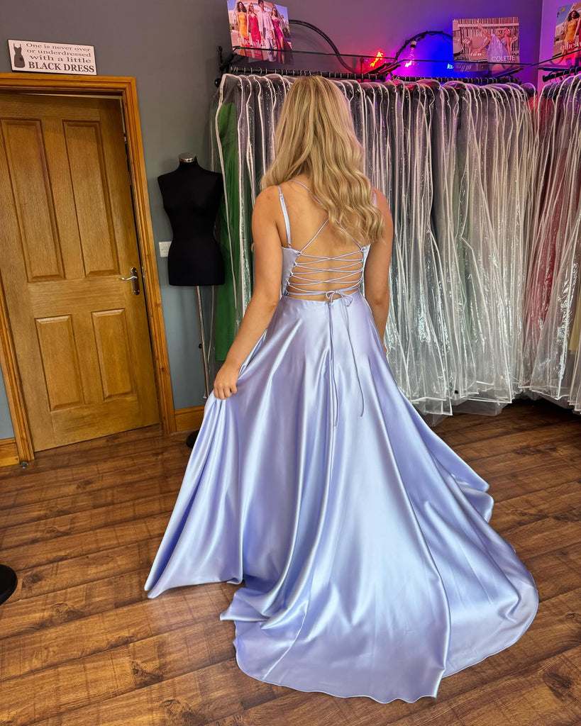 Elegant Spaghetti Straps A-line Satin Long Prom Dresses Online, OL717