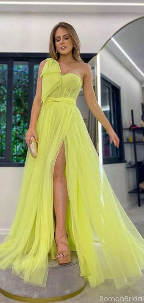 Unique Yellow One-Shoulder A-Line Side Slit Long Prom Dress Ideas, Evening Party Dresses, OLP1341
