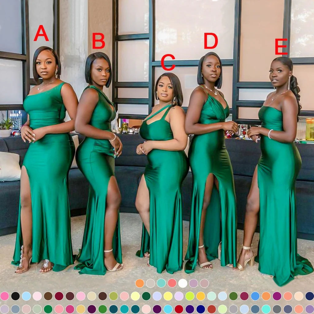 Mismatched Mermaid One Shoulder Side Slit V-neck Emerald Satin Long Bridesmaid Dresses Online , BG666