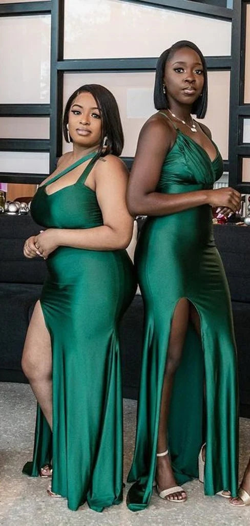 Mismatched Mermaid One Shoulder Side Slit V-neck Emerald Satin Long Bridesmaid Dresses Online , BG666
