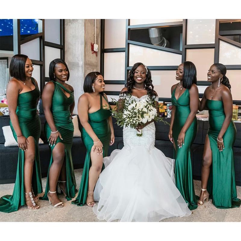 Mismatched Mermaid One Shoulder Side Slit V-neck Emerald Satin Long Bridesmaid Dresses Online , BG666