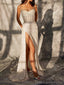 Sparkly Spaghetti Straps Mermaid White Long Evening Prom Dress with Side Slit, OL060