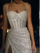 Sparkly Spaghetti Straps Mermaid White Long Evening Prom Dress with Side Slit, OL060