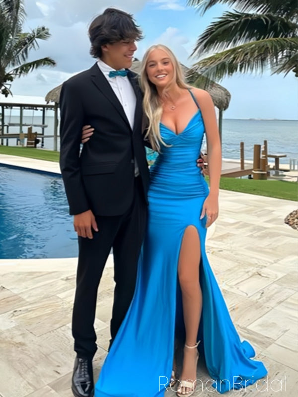 Sexy V-neck Sleeveless Mermaid Satin Evening Prom Dresses Online, OLP1139