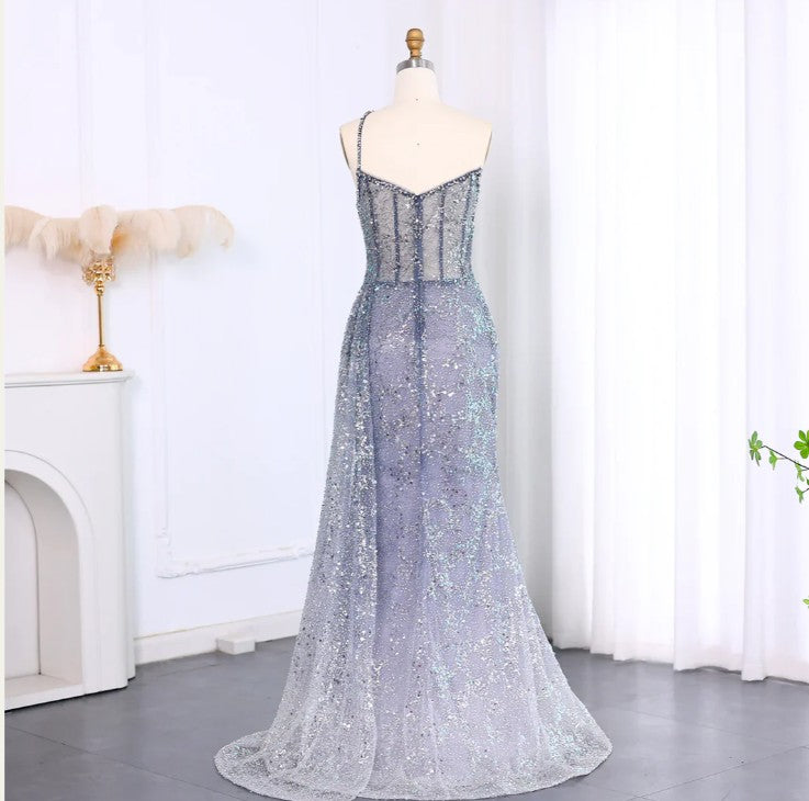 Shiny Blue One-Shoulder Mermaid Side Slit Long Prom Dress Ideas, Evening Party Dresses, OLP1264