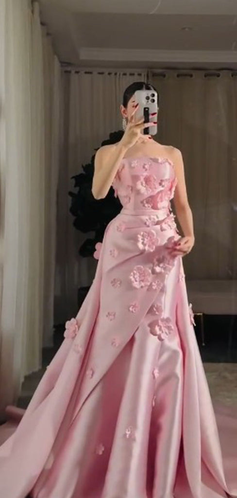Elegant Pink Floral Sweetheart A-Line Long Prom Dress Ideas, Evening Party Dresses , OLP1243