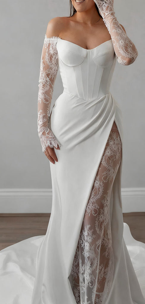 Elegant White Long Sleeve Lace Mermaid Long Wedding Dresses With Sweep Trailing,WD0560