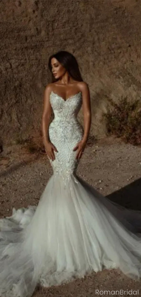Sexy White Sweetheart Lace Mermaid Long Wedding Dresses With Sweep Trailing,WD0562